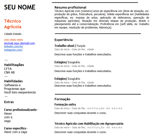 Currículo para Técnico Agrícola